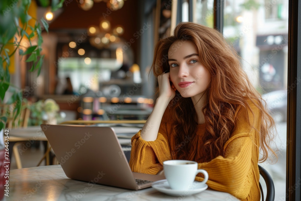 Beautiful woman is sitting at the cafe with a laptop, freelancer, remote work Beautiful woman is sitting at the cafe with a laptop, freelancer, remote work