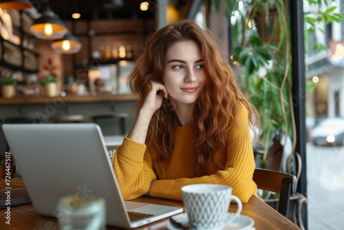 Beautiful woman is sitting at the cafe with a laptop, freelancer, remote work © Tymofii