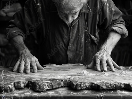 old man doing wood carving photo