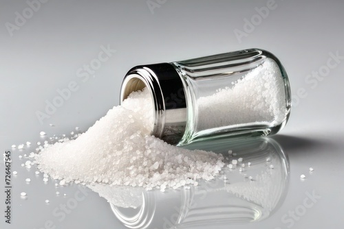 Glass salt shaker spills on white background photo