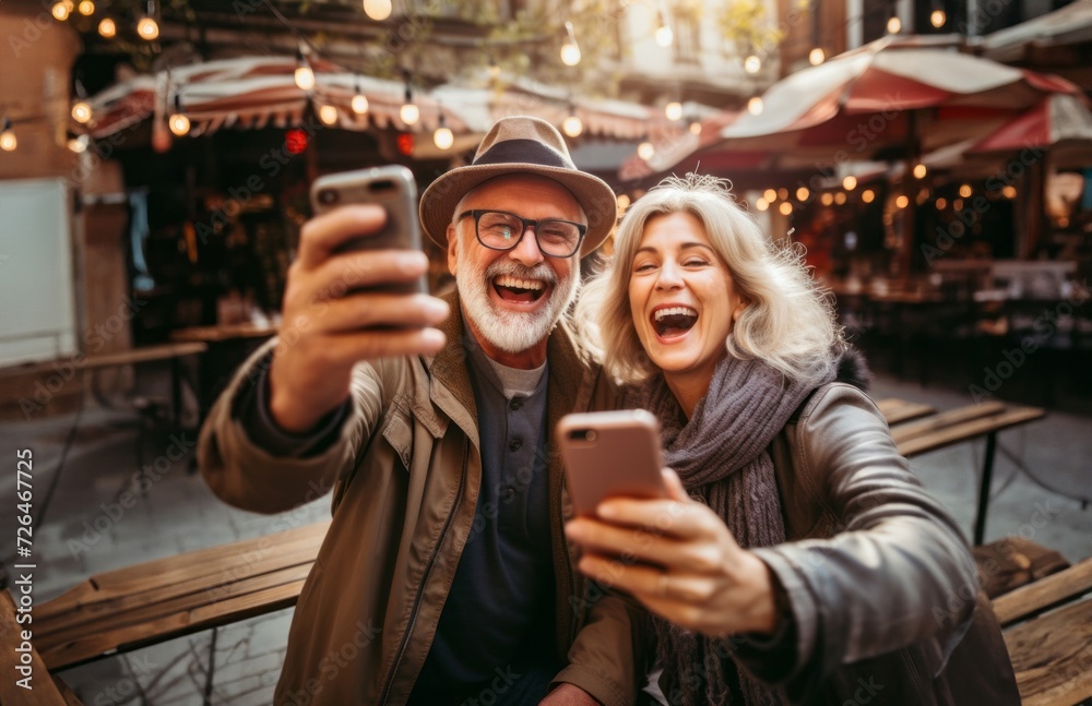 Elderly modern couple captures a selfie against the backdrop of the urban cityscape, seamlessly blending ageless connection with the vibrancy of city life.Generated image
