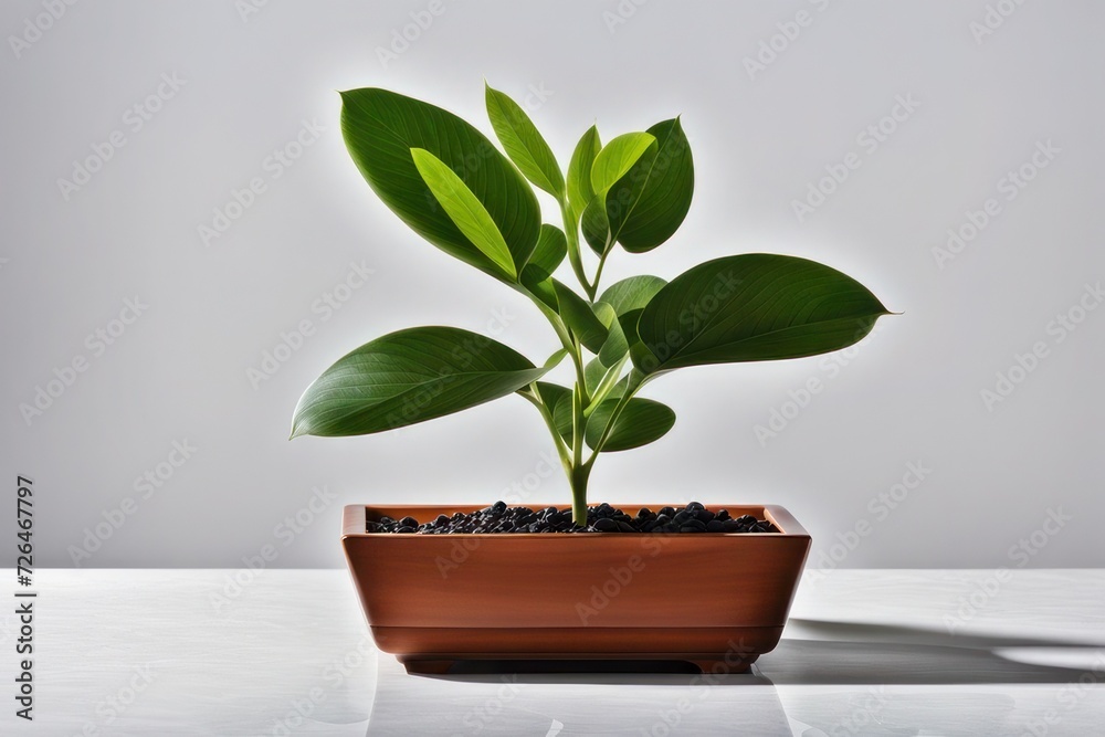 A small potted plant sits on a white surface, studio photo style A small potted plant sits on a white surface, studio photo style