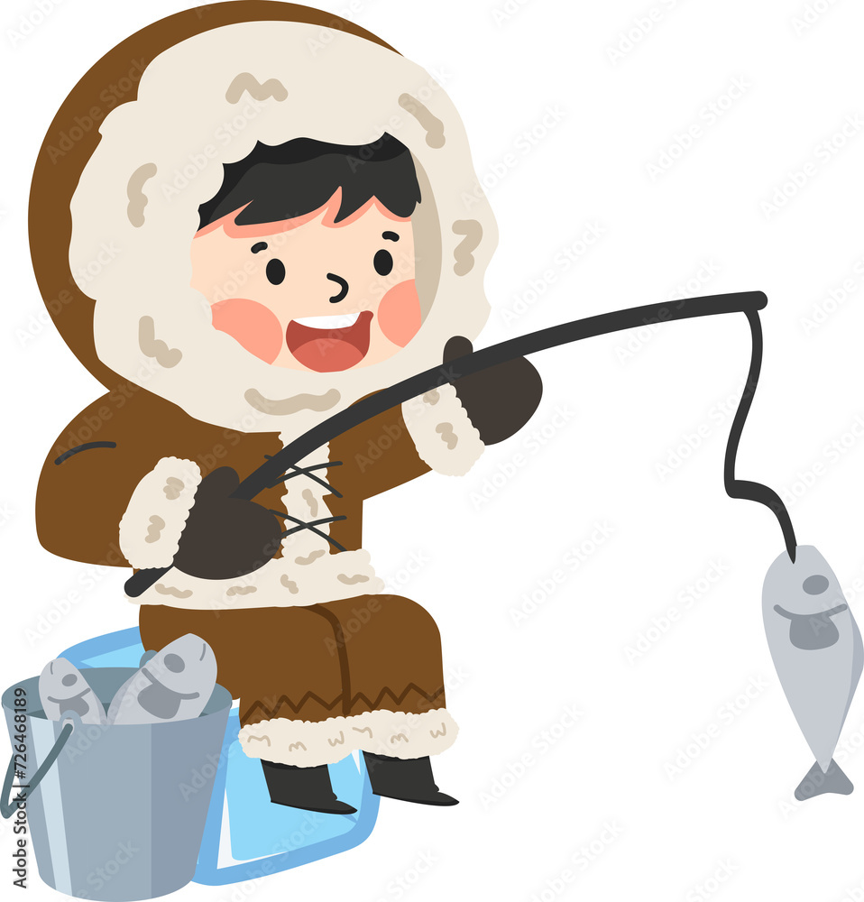 Boy eskimo with fish catch cartoon Boy eskimo with fish catch cartoon