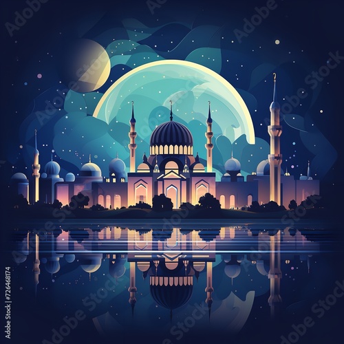 Illustration of Ramadan Kareem and Ramadan Mubarak mosque at night.