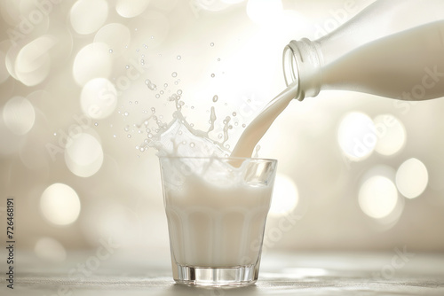 Milk Splashing in Glass, Sunlit Bokeh Background photo