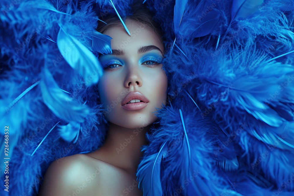 Fashion portrait of a beautiful girl surrounded by blue feathers