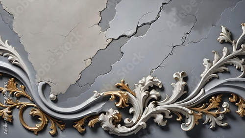 Abstract background with monograms, decorative plaster, cement wall, molding on the wall.
