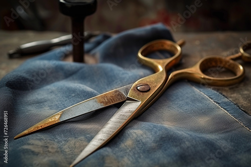 Tailor scissors, scissors, tailor and tool, sewing, needlework. Sew and seamstress, tailoring, atelier and couturier photo
