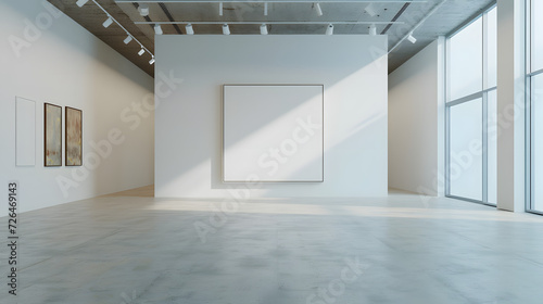 Image of an empty gallery space with a single blank canvas on the wall