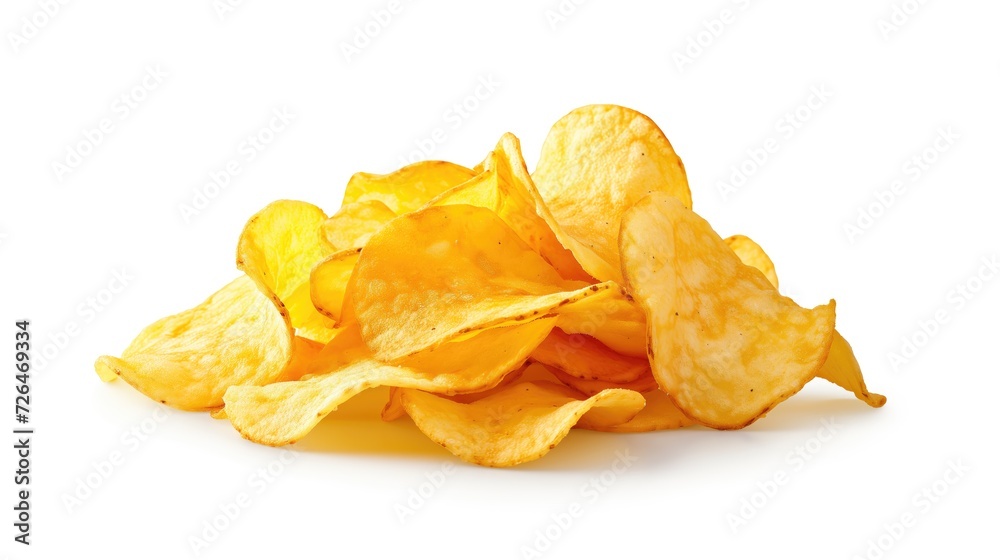 a pile of potato chips isolated on a white background.