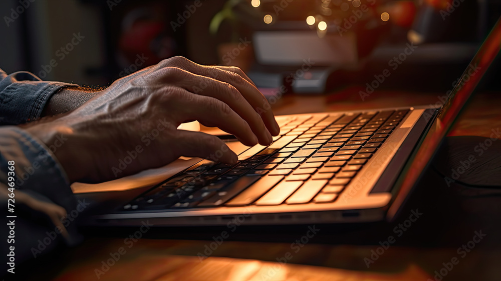 Hands Focused on Working on a Laptop in Dim Light - Generative AI Hands Focused on Working on a Laptop in Dim Light - Generative AI