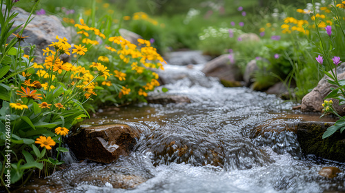 A babbling brook, with wildflowers lining the banks as the background, during a peaceful springtime stroll