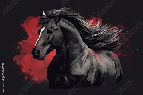 Abstract Illustration of a Black Horse on a Red Foggy Dark Background - Generative AI