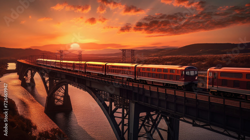 Train Ride on a Scenic Railroad Bridge at Sunset - Generative AI