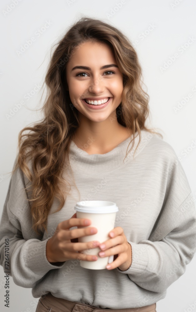 Portrait of a pretty cheerful casual girl standing isolated over white background, drinking takeaway coffee. Portrait of a pretty cheerful casual girl standing isolated over white background, drinking takeaway coffee.