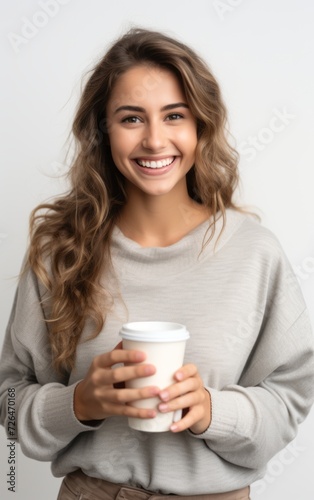 Portrait of a pretty cheerful casual girl standing isolated over white background  drinking takeaway coffee.
