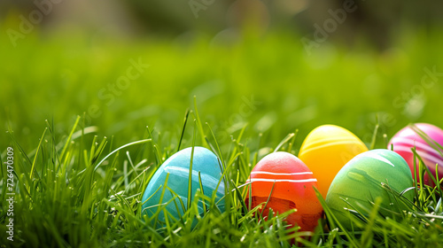 Colourful Easter eggs on green fresh grass on blurred nature background. Easter background with space for text