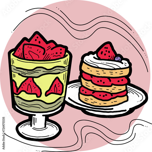 Sweet dessert cake with fruits for celebration birthday party or wedding, tasty breakfast. For cafe, restaurant menu print, postcard or poster. Hand drawn illustration. Cartoon style line art drawing.