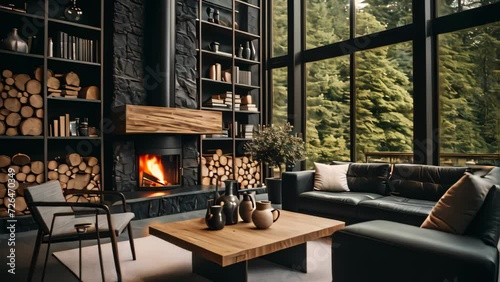 Wood and black tone living room interior modern style.