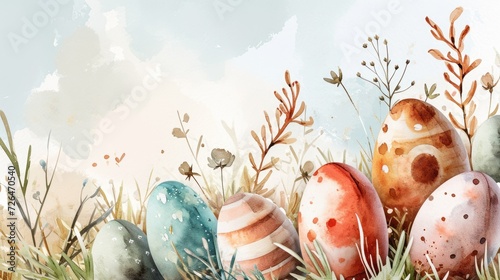 Watercolor Easter Eggs on Pastel Backdrop. Artistic Easter eggs in watercolor style with a soft pastel background.