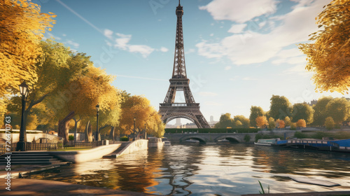 Scenic View of the Seine River and Eiffel Tower in Autumn - Generative AI © Zeynep