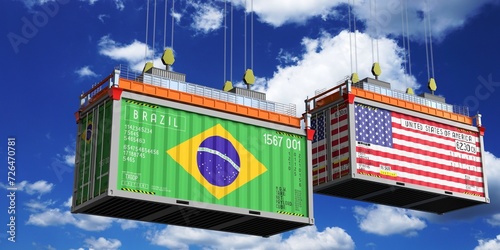 Shipping containers with flags of Brazil and USA - 3D illustration