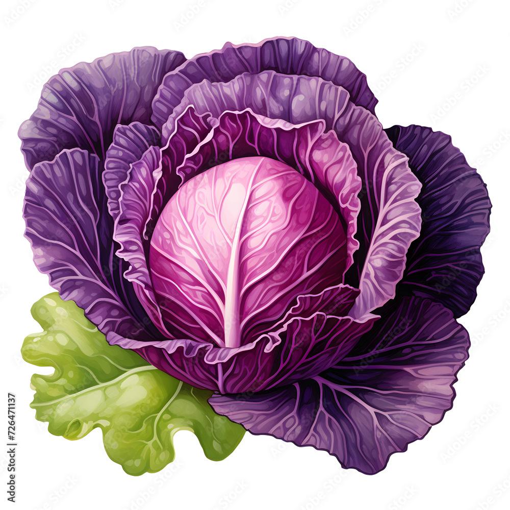 Fototapeta premium young red cabbage on a png background. ​​violet vegetable on the table. salad cooking concept. illustration of diet food. purple cabbage close up.