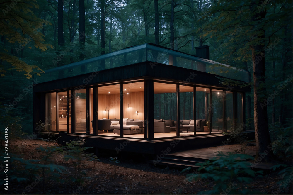Modern luxury Glass cottage in the woods at night. Modern cabin house in deep forest