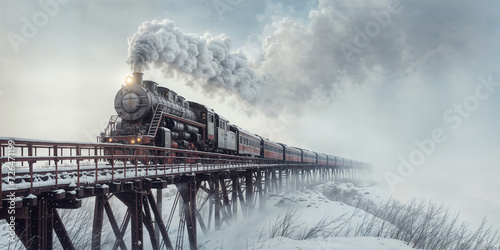 Vintage train with smoke coming out of it travels across a snow covered bridge in the fog. Beautiful winter landscape