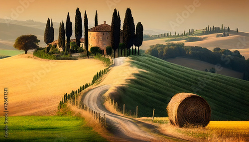 Idyllic summer rural landscape, Tuscany, Italy.. Generative AI.