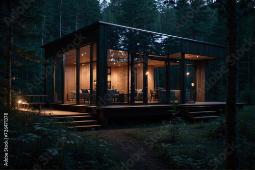 Modern luxury Glass cottage in the woods at night. Modern cabin house in deep forest