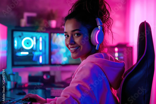 A cheerful young gamer girl with headphones enjoys playing on her computer in a vibrant neon-lit room with multiple gaming monitors.