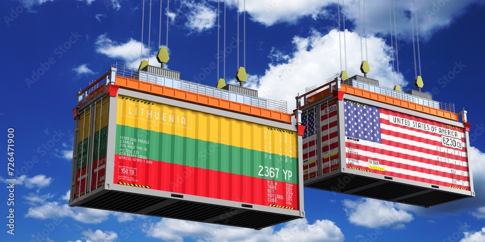 Shipping containers with flags of Lithuania and USA - 3D illustration