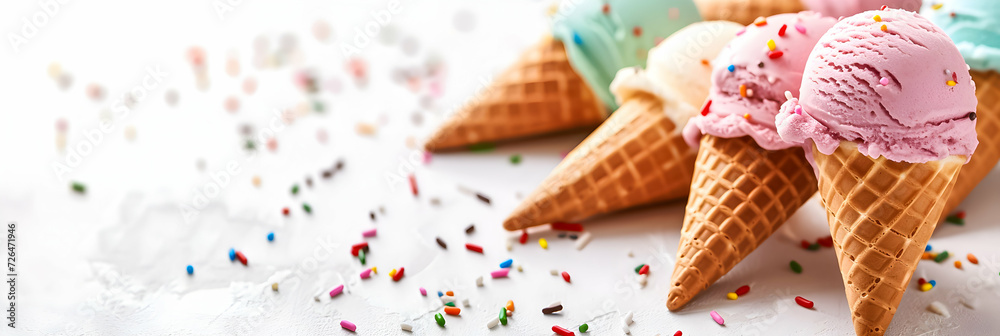 Obraz premium Assorted ice cream cones with sprinkles, colorful and bright.