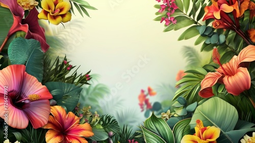 Tropical Paradise Panorama with Vibrant Flora. Expansive view of a lush tropical landscape surrounded by vivid flowers. © Oksana Smyshliaeva