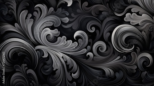 Elegant Black Inky Swirls. Swirling inky patterns on a black background evoke elegance. photo