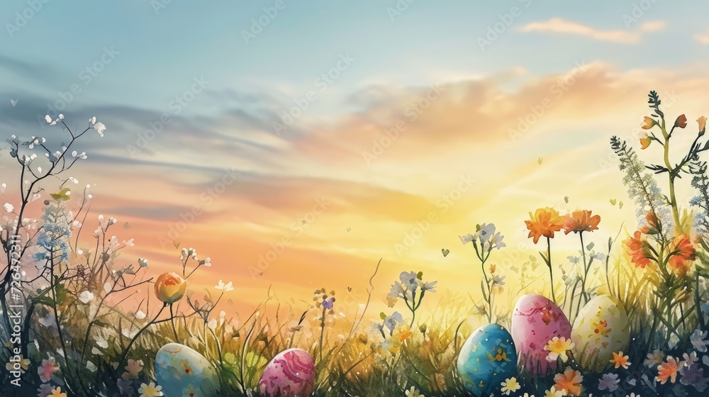 Sunset Watercolor Easter Egg Landscape. Easter eggs amid flowers against a serene watercolor sunset sky.