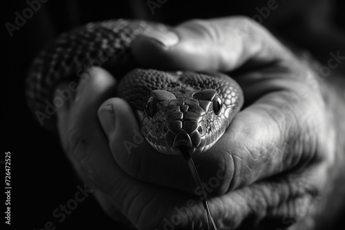 A person holding a snake in their hands. Can be used for educational purposes or to depict bravery and fearlessness