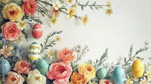 Floral Easter Eggs in Watercolor Garden. Watercolor Easter eggs among a lush backdrop of painted spring flowers.