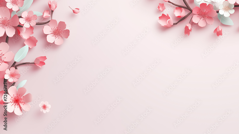 Sakura flowers frame on pink background. Pink flowers with copy space