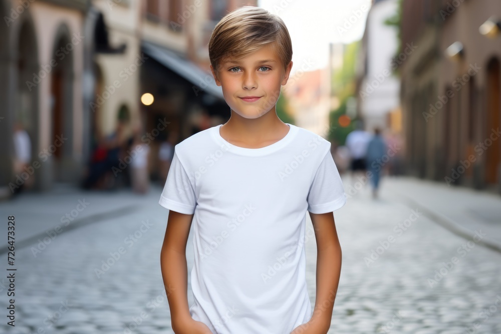 White blank t shirt mock up. Boy street background White blank t shirt mock up. Boy street background