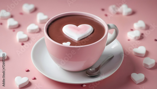 cup of hot chocolate with marshamllow - pink background, black hearts