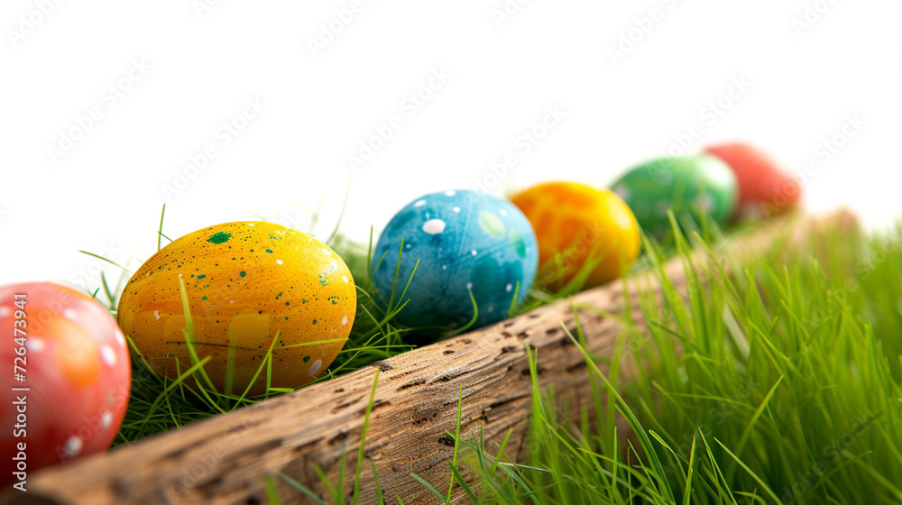Colourful Easter eggs on green fresh grass on white background. Easter background with space for text Colourful Easter eggs on green fresh grass on white background. Easter background with space for text