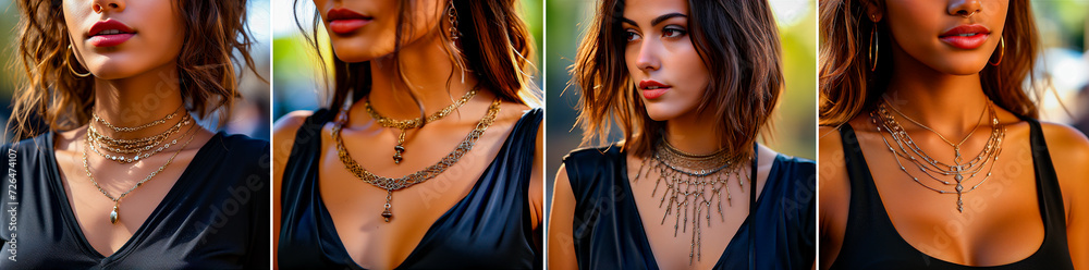 An image of a small gold necklace on a woman's neck. The woman has cool Israeli style. The close-up highlights the beauty and uniqueness of the necklace.