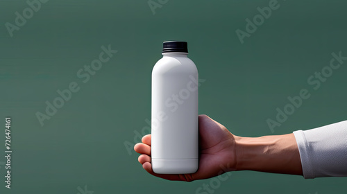 White Water Bottle in Man's Hand Against Green Background - Generative AI