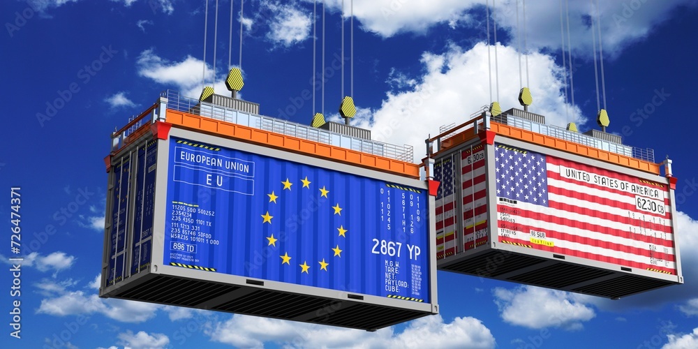 Shipping containers with flags of European Union and USA - 3D illustration