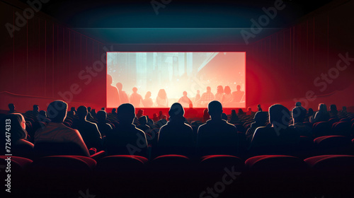 The captivating scene of a cinema hall, where people sit in red chairs, all eyes focused on the screen