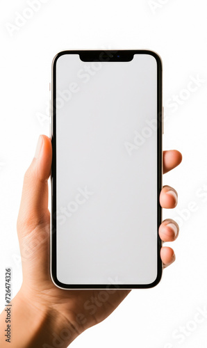 In a detailed shot, a woman's hand showcases a sleek, frameless smartphone mockup with an empty white screen