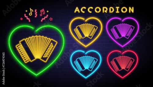Accordion music instrument neon icon, flat vector design