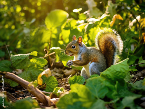 Squirrel Among Green Leaves in a Sunlit Forest - Generative AI © Zeynep